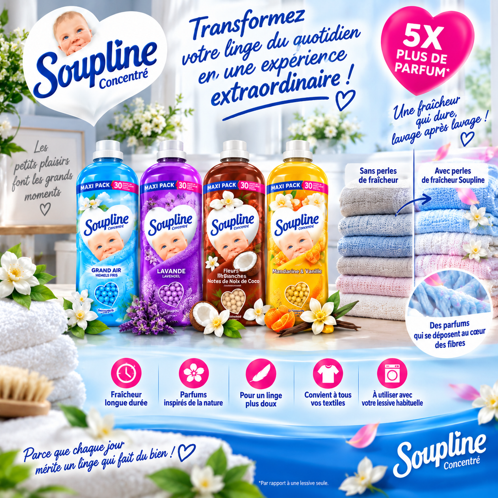 SOUPLINE CONCENTRÉ – PACK ADOUCISSANT 1.8L + PERLE DE LINGE 230GR