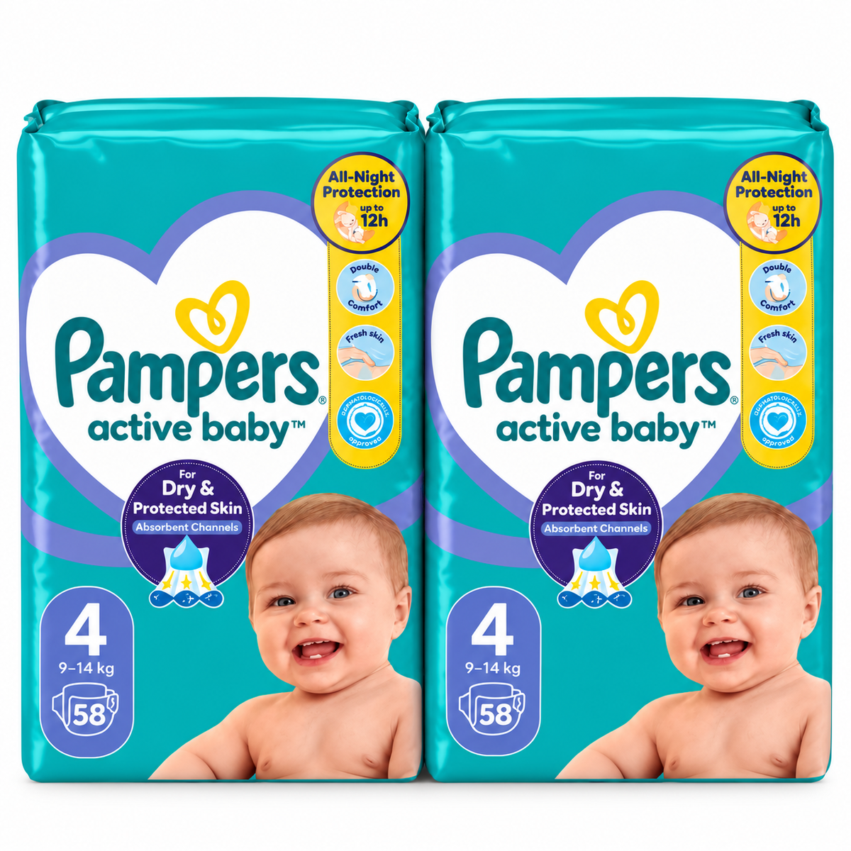 PAMPERS ACTIVE BABY – TAILLE 4 – 58 COUCHES – 9 À 14 KG