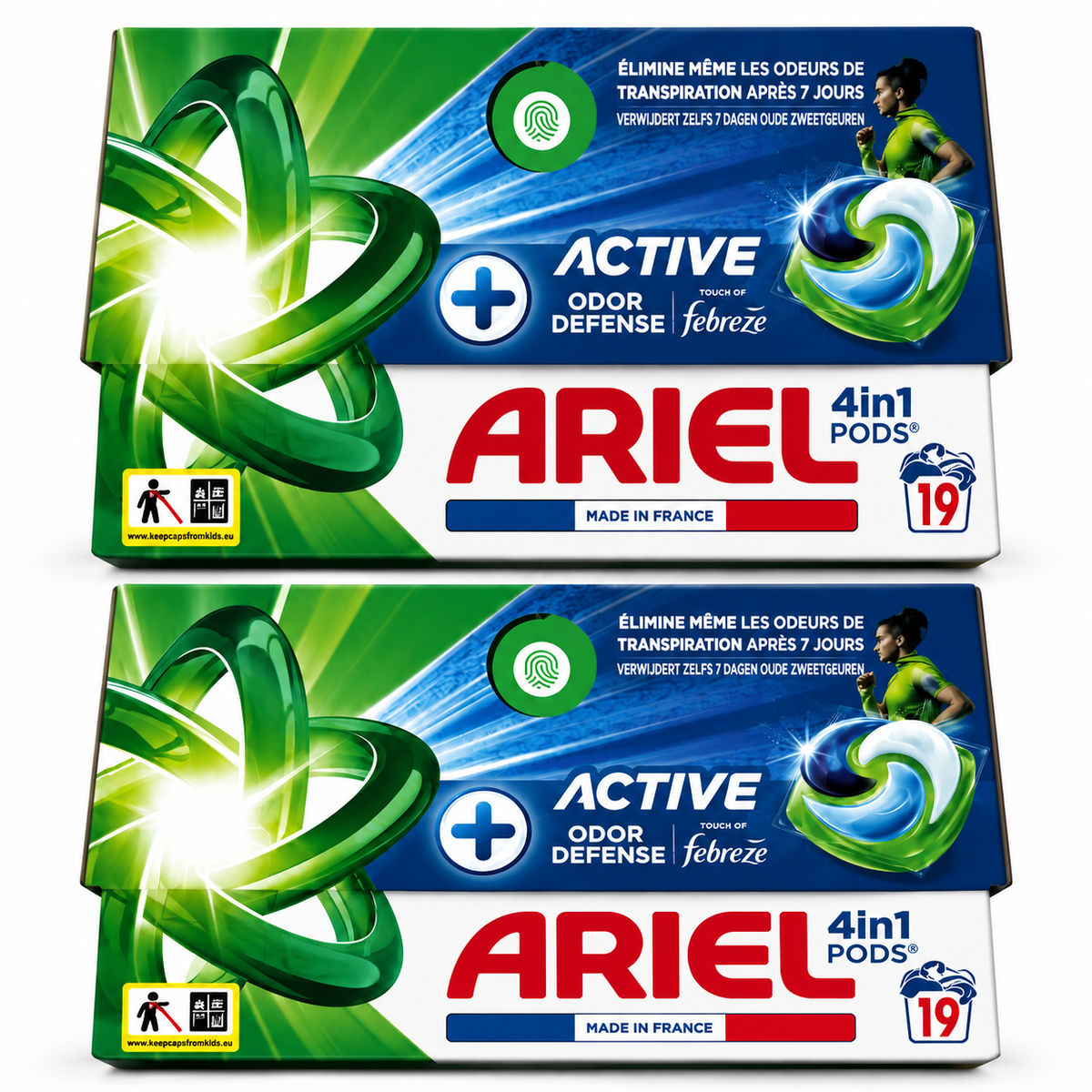 ARIEL 4EN1 PODS ACTIVE ODOR DEFENSE + FEBREZE – 19 LAVAGES