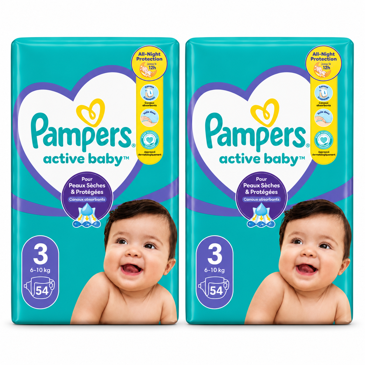 PAMPERS ACTIVE BABY – TAILLE 3 (6–10 KG) – 54 COUCHES