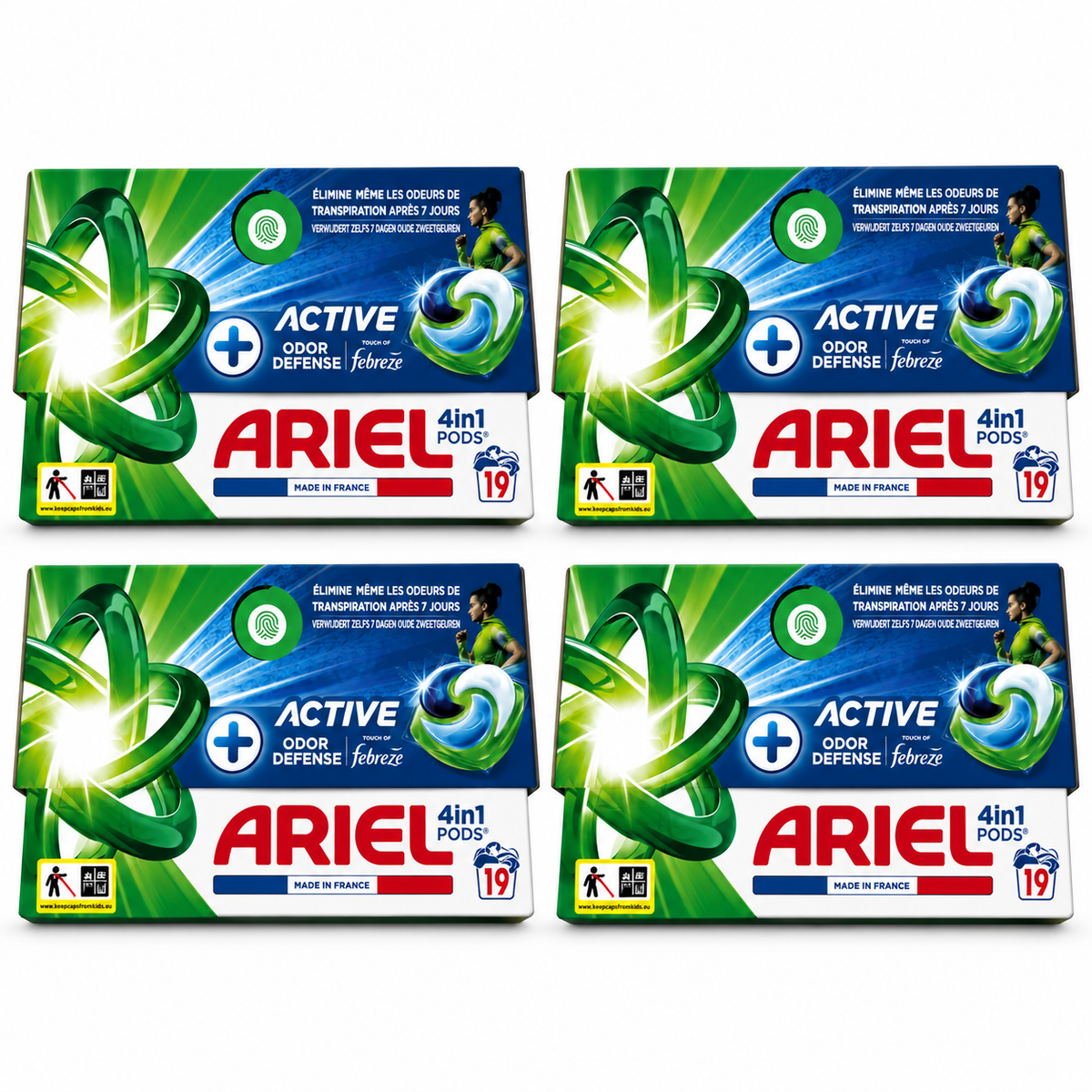 ARIEL 4EN1 PODS ACTIVE ODOR DEFENSE + FEBREZE – 19 LAVAGES