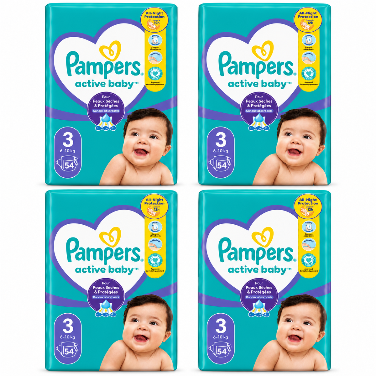 PAMPERS ACTIVE BABY – TAILLE 3 (6–10 KG) – 54 COUCHES