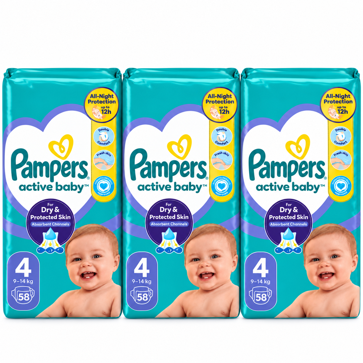 PAMPERS ACTIVE BABY – TAILLE 4 – 58 COUCHES – 9 À 14 KG